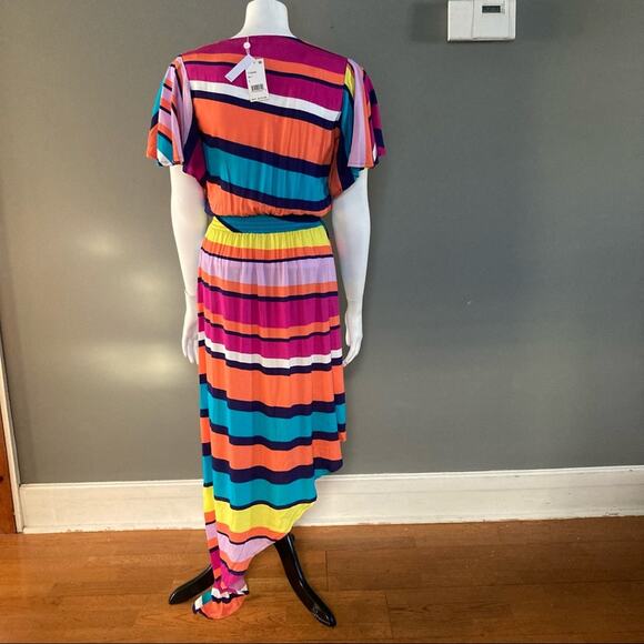 Trina Turk dress Small colorful midi Flutter sleeve striped v neck tropical NWT - Picture 5 of 8